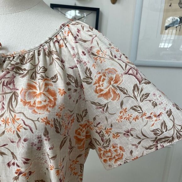 Vintage 70s Peasant Style Short Sleeve Top Keyhole Tie Floral Birds Brown Orange - Picture 3 of 7